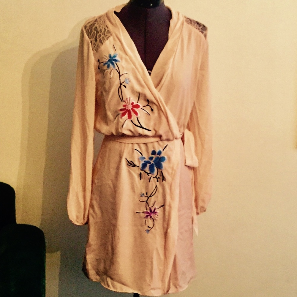 Rodarte for Target Cream Wrap Dress with Blue and Pink Floral Embroidery